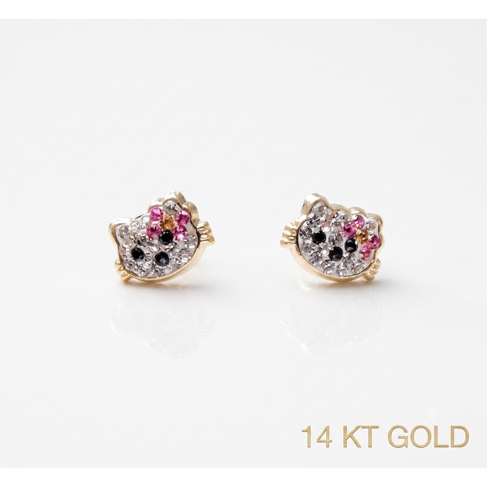Women 14k Gold Hello Kitty Face CZ Stud Earrings Secure Screw Post Backing